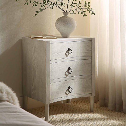 Table de chevet concave Thalia à 3 tiroirs, blanc délavé