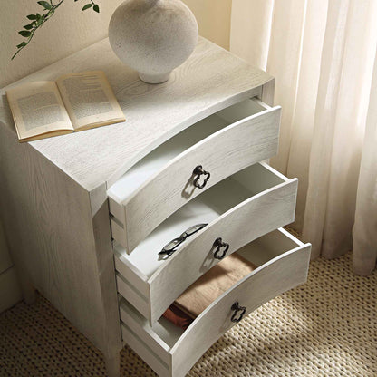 Table de chevet concave Thalia à 3 tiroirs, blanc délavé