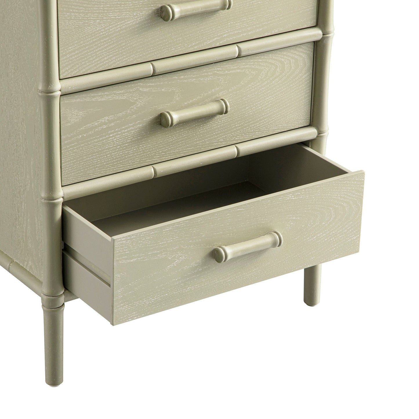 Table de chevet 3 tiroirs Elstowe en imitation bambou, vert sauge