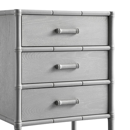 Table de chevet 3 tiroirs Elstowe en imitation bambou, gris chaud