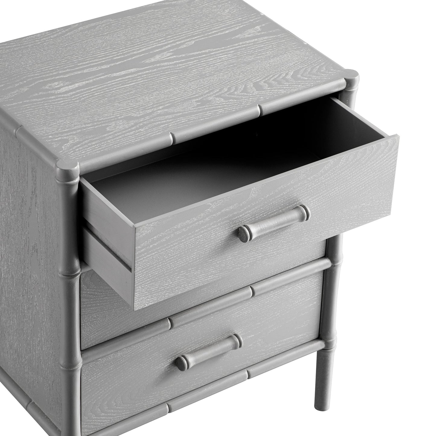 Table de chevet 3 tiroirs Elstowe en imitation bambou, gris chaud
