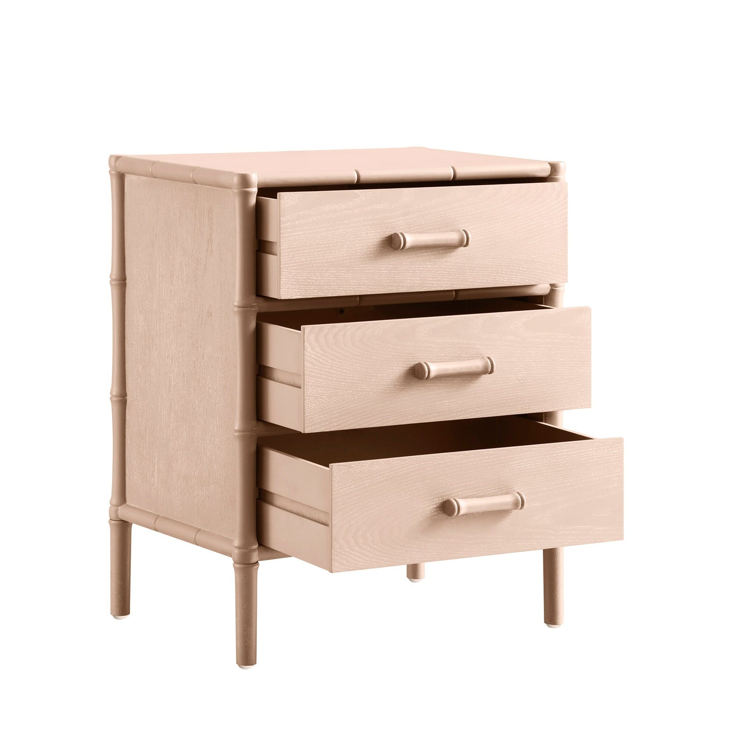 Table de chevet 3 tiroirs Elstowe en imitation bambou, rose nude