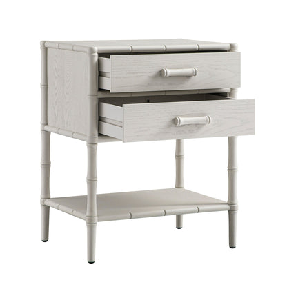 Table de chevet 2 tiroirs Elstowe en imitation bambou, blanc ombré