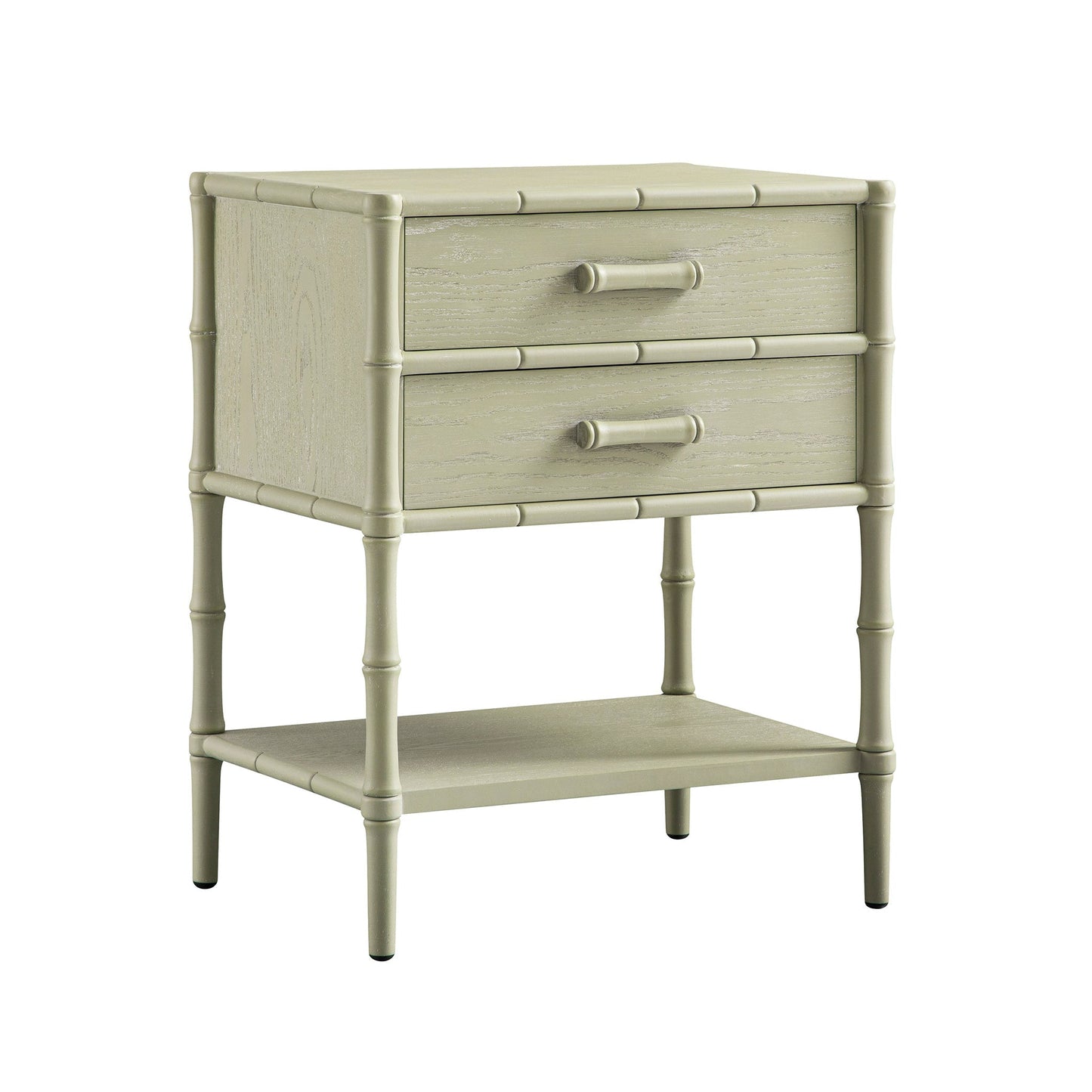 Table de chevet 2 tiroirs Elstowe en imitation bambou, vert sauge
