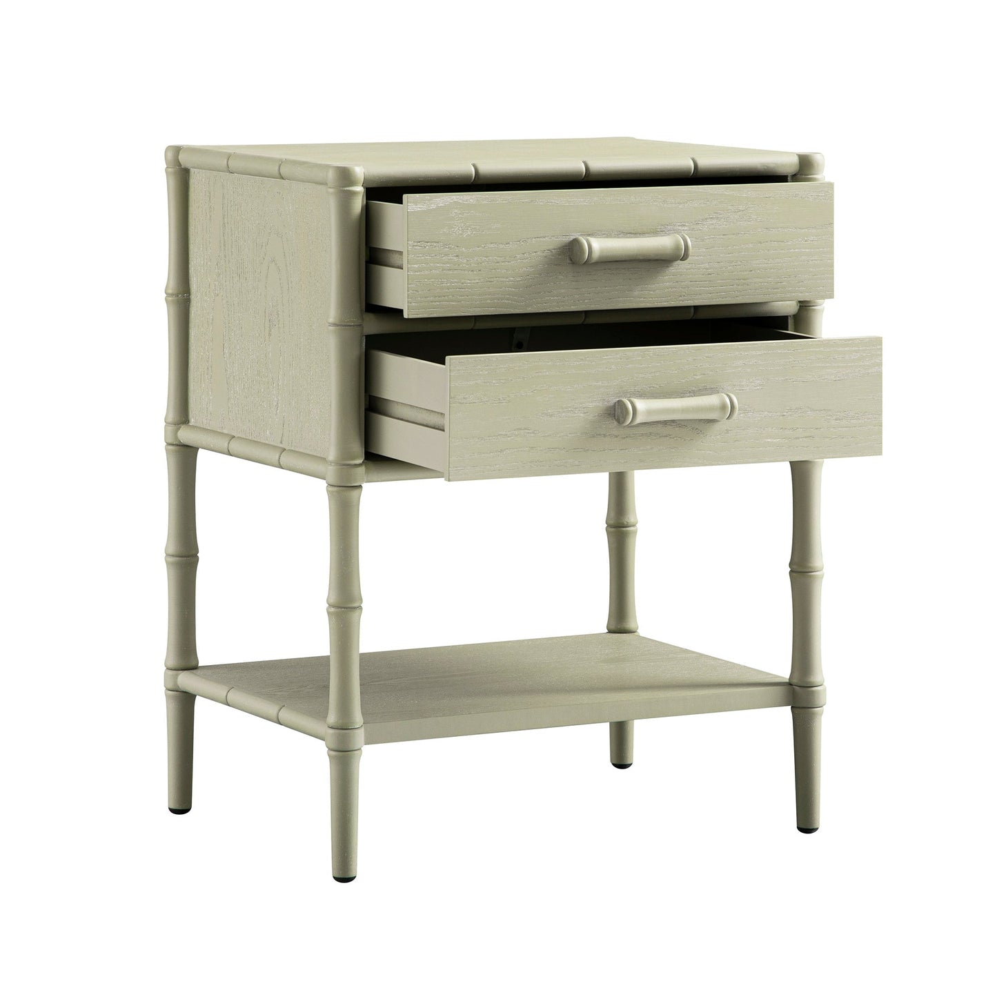 Table de chevet 2 tiroirs Elstowe en imitation bambou, vert sauge