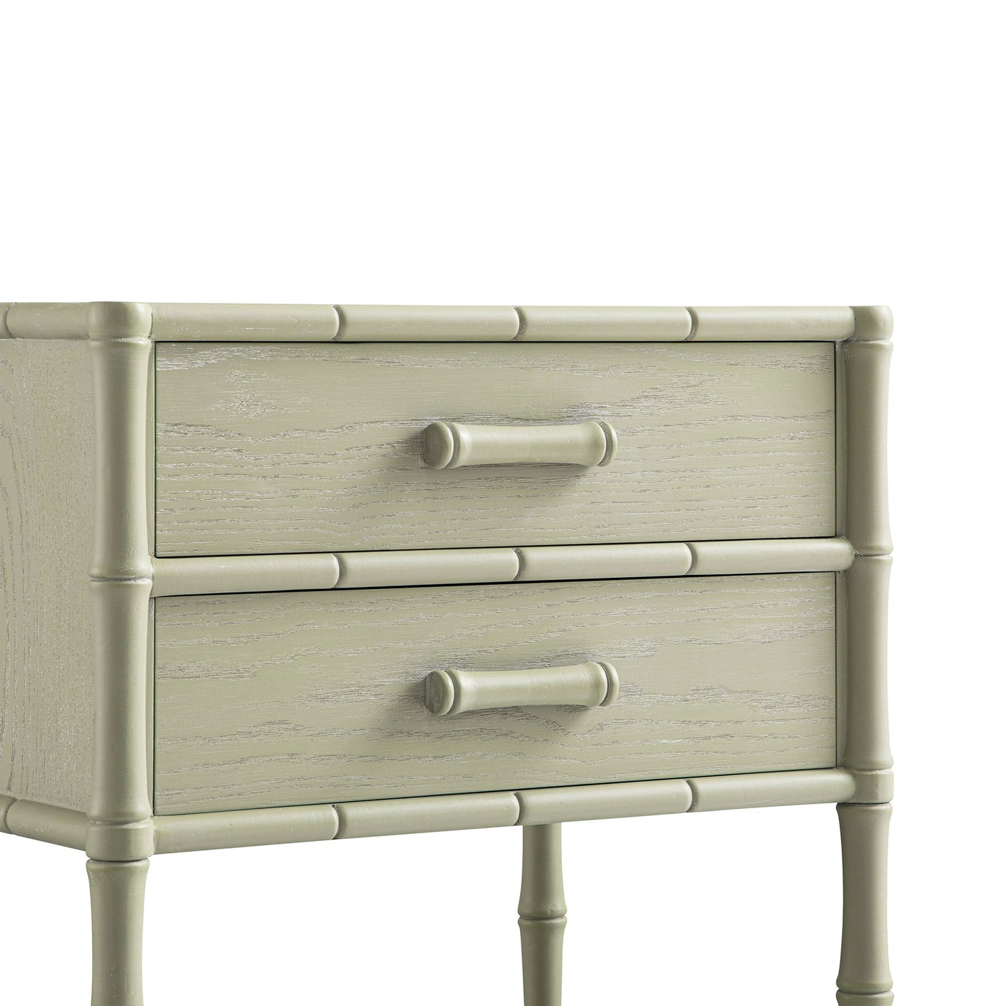 Table de chevet 2 tiroirs Elstowe en imitation bambou, vert sauge