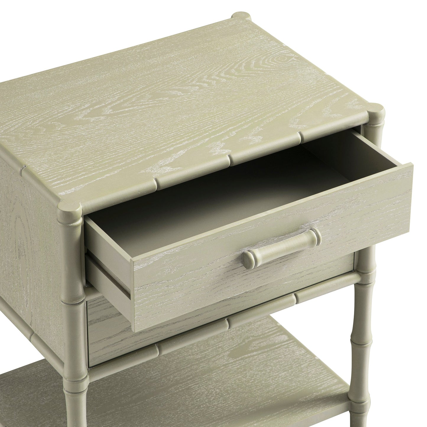 Table de chevet 2 tiroirs Elstowe en imitation bambou, vert sauge