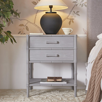 Table de chevet 2 tiroirs Elstowe en imitation bambou, gris chaud