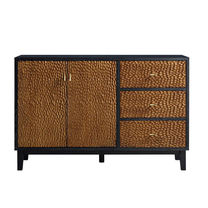 Buffet sculpté Bianca Chip à 2 portes et 3 tiroirs, bronze antique et noir