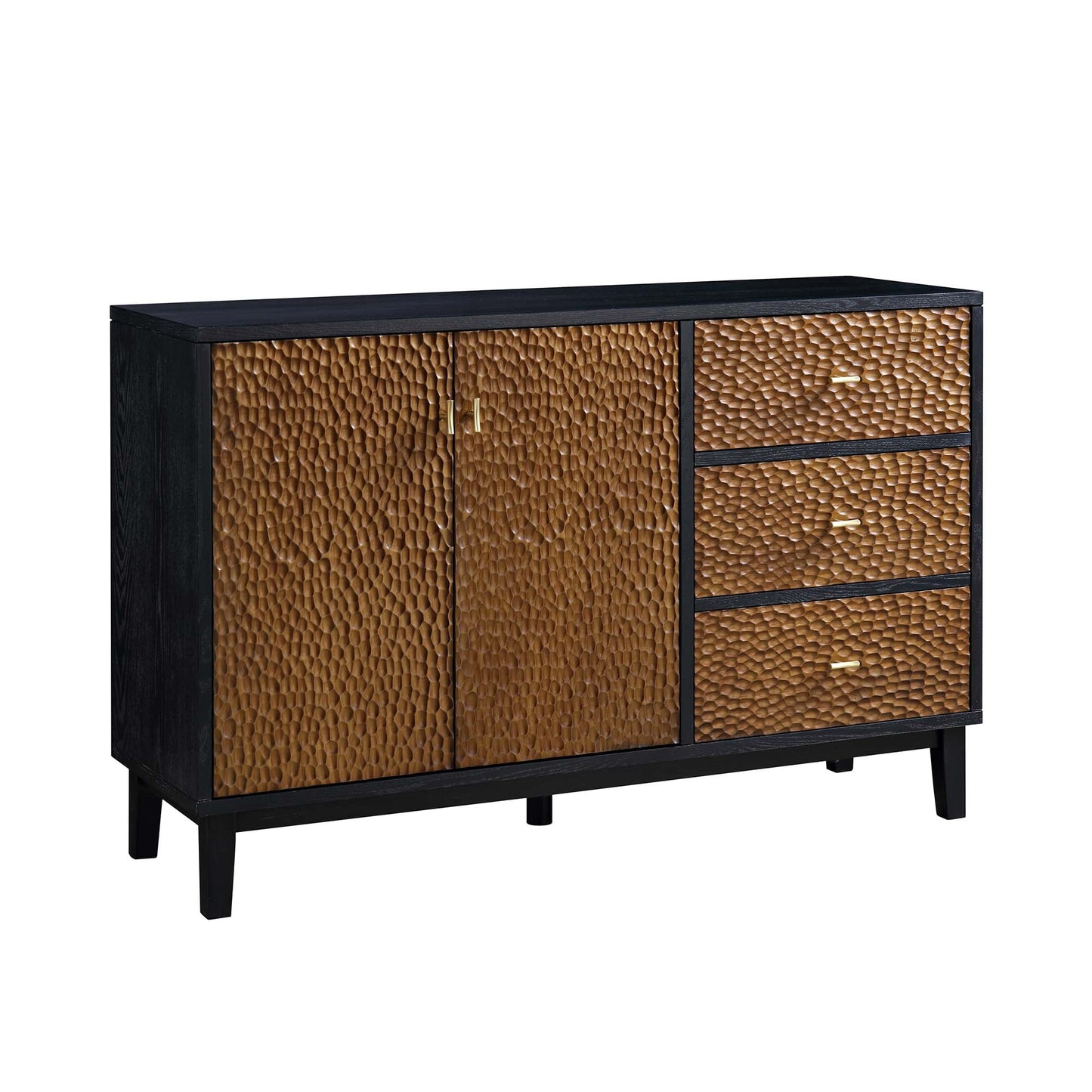 Buffet sculpté Bianca Chip à 2 portes et 3 tiroirs, bronze antique et noir