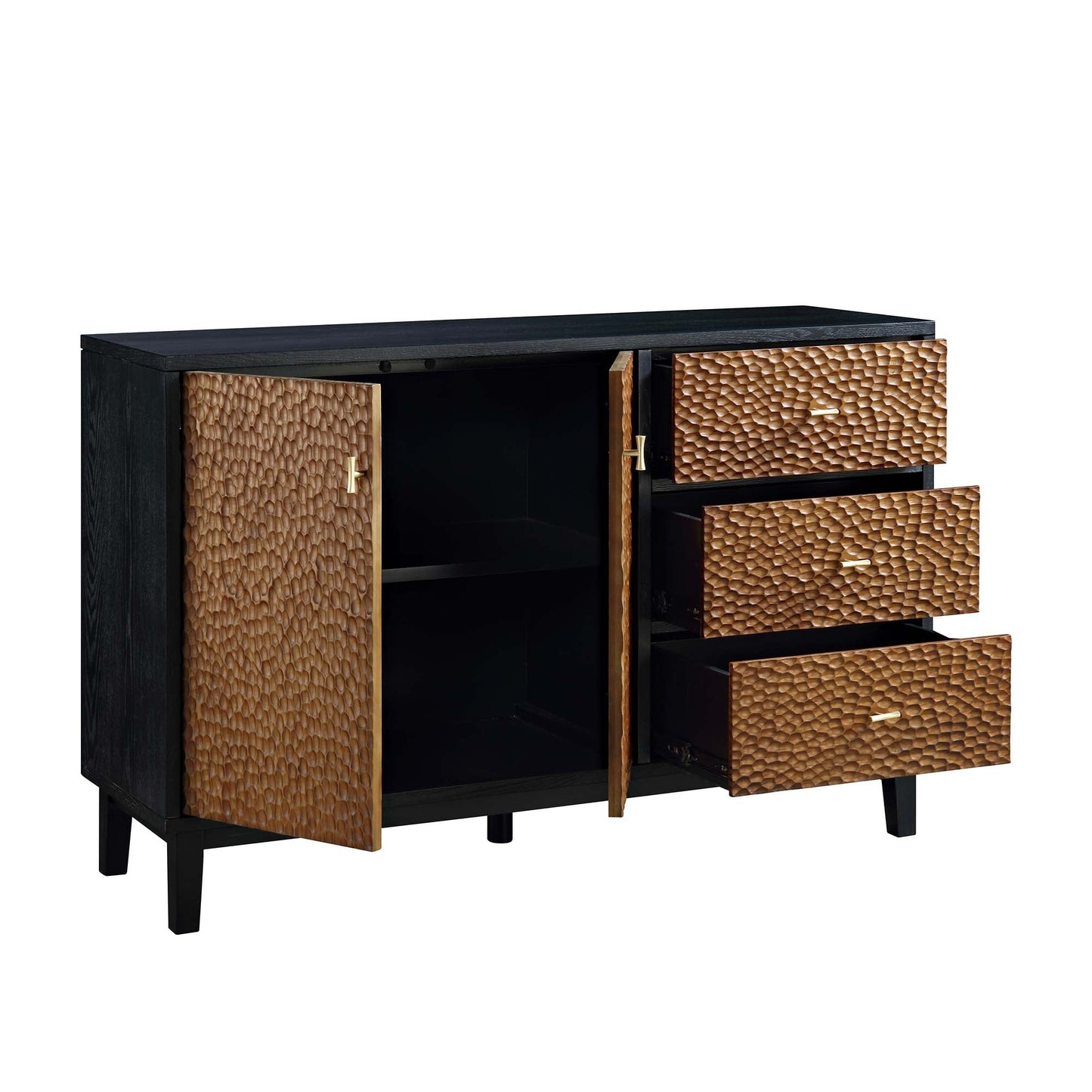 Buffet sculpté Bianca Chip à 2 portes et 3 tiroirs, bronze antique et noir