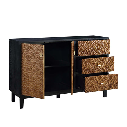 Buffet sculpté Bianca Chip à 2 portes et 3 tiroirs, bronze antique et noir
