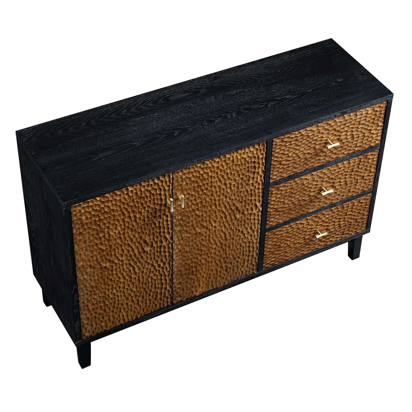 Buffet sculpté Bianca Chip à 2 portes et 3 tiroirs, bronze antique et noir