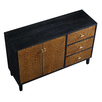 Buffet sculpté Bianca Chip à 2 portes et 3 tiroirs, bronze antique et noir