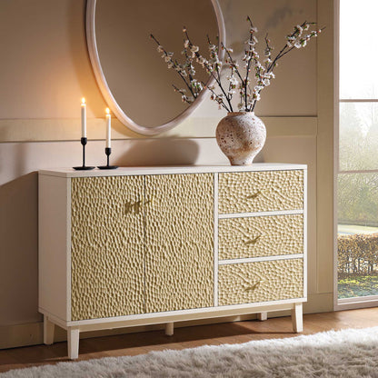 Buffet sculpté Bianca Chip, 2 portes et 3 tiroirs, beige sable et ivoire