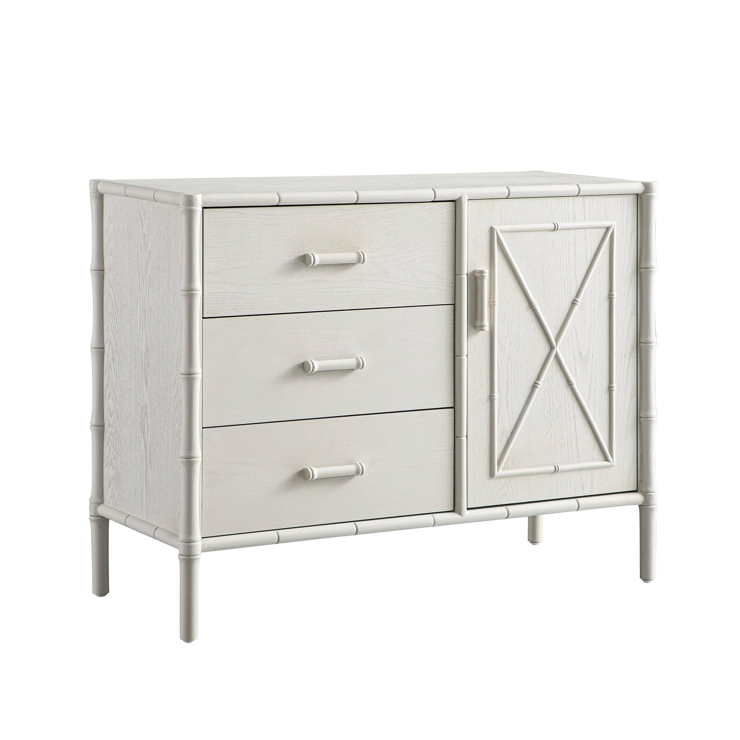 Buffet Elstowe imitation bambou 1 porte 3 tiroirs, blanc ombré
