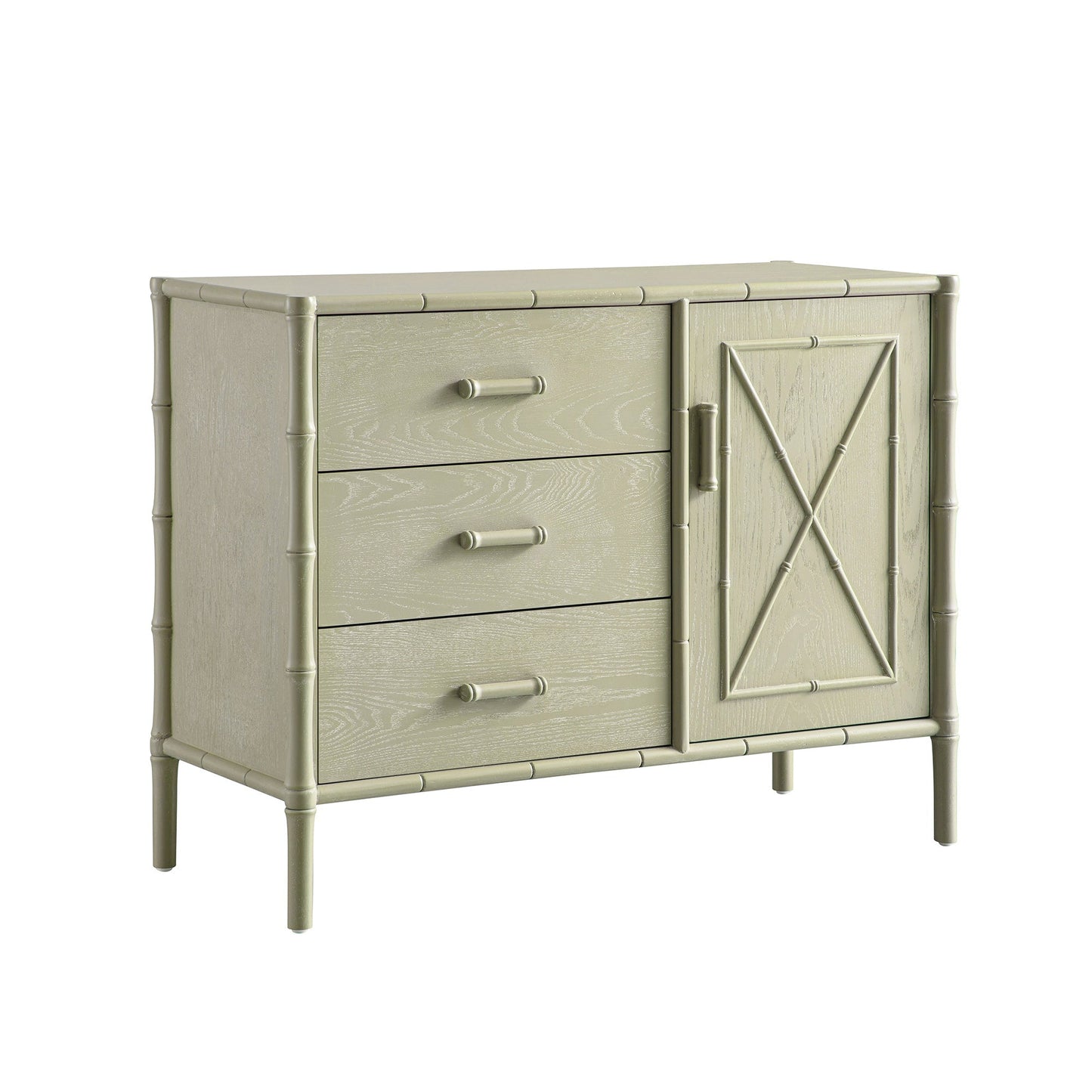 Buffet Elstowe imitation bambou 1 porte 3 tiroirs, vert sauge