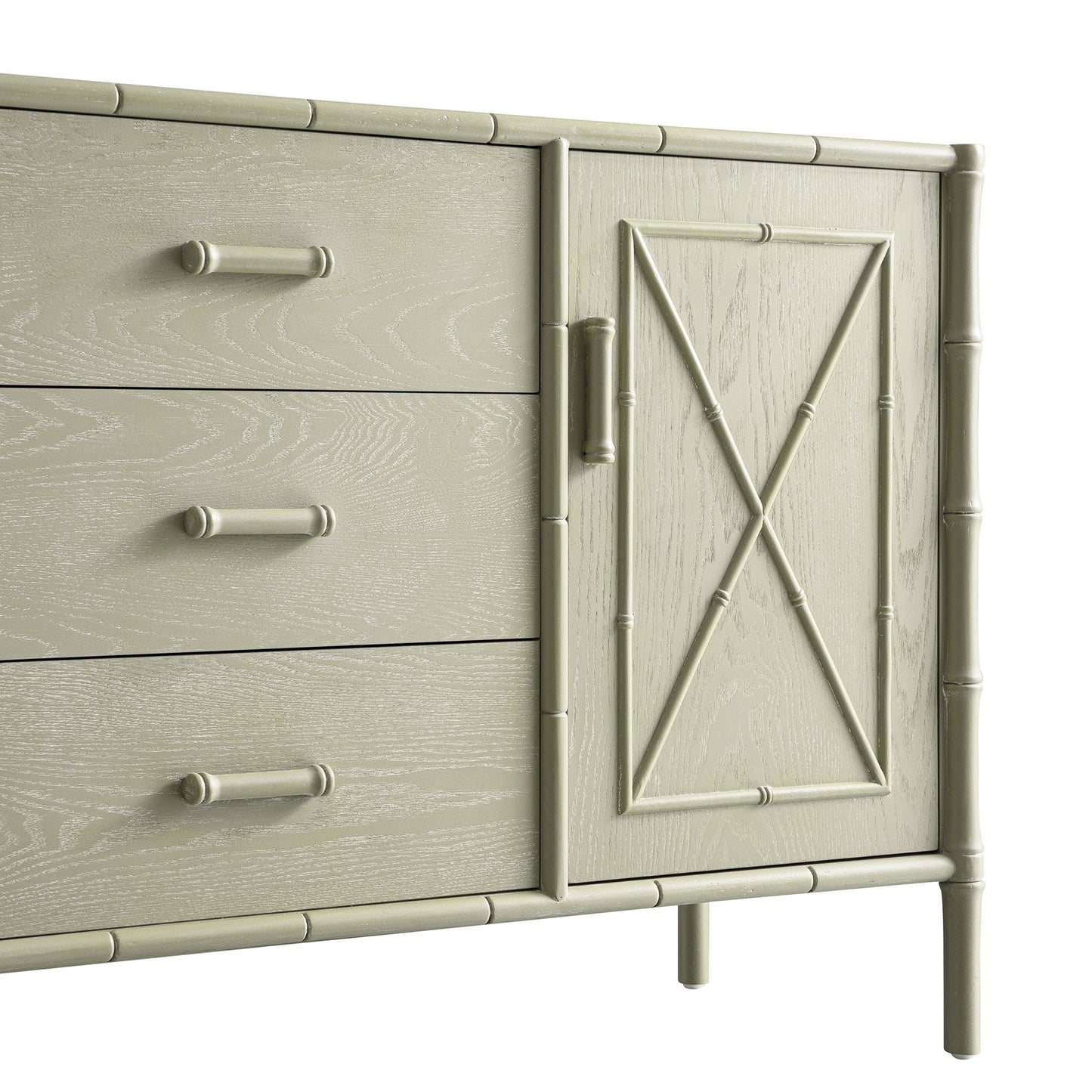 Buffet Elstowe imitation bambou 1 porte 3 tiroirs, vert sauge