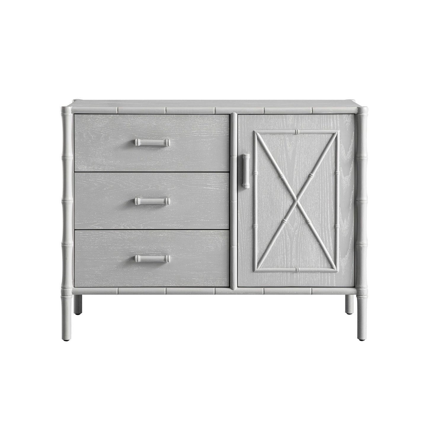 Buffet Elstowe imitation bambou 1 porte 3 tiroirs, gris chaud