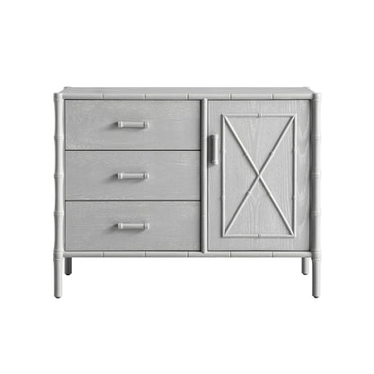 Buffet Elstowe imitation bambou 1 porte 3 tiroirs, gris chaud