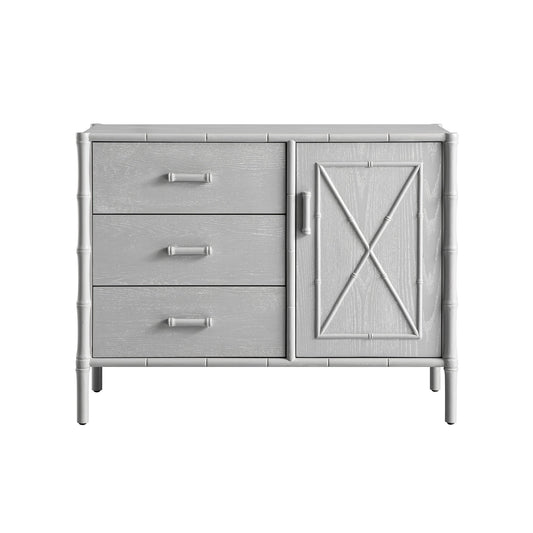 Buffet Elstowe imitation bambou 1 porte 3 tiroirs, gris chaud