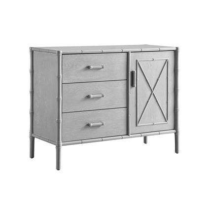 Buffet Elstowe imitation bambou 1 porte 3 tiroirs, gris chaud