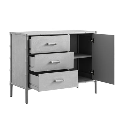 Buffet Elstowe imitation bambou 1 porte 3 tiroirs, gris chaud