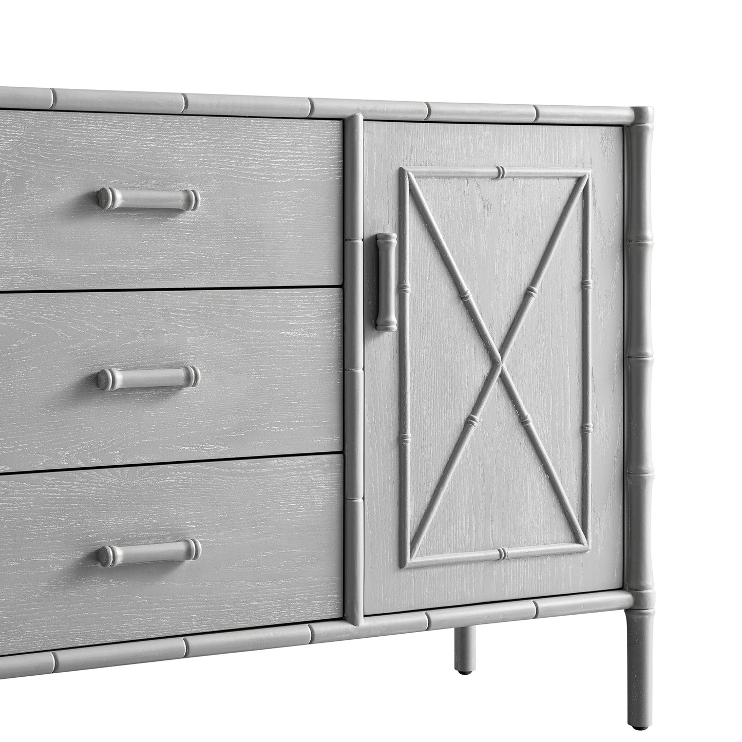 Buffet Elstowe imitation bambou 1 porte 3 tiroirs, gris chaud