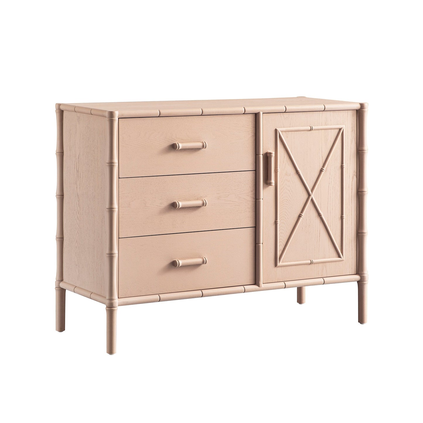 Buffet Elstowe imitation bambou 1 porte 3 tiroirs, rose nude