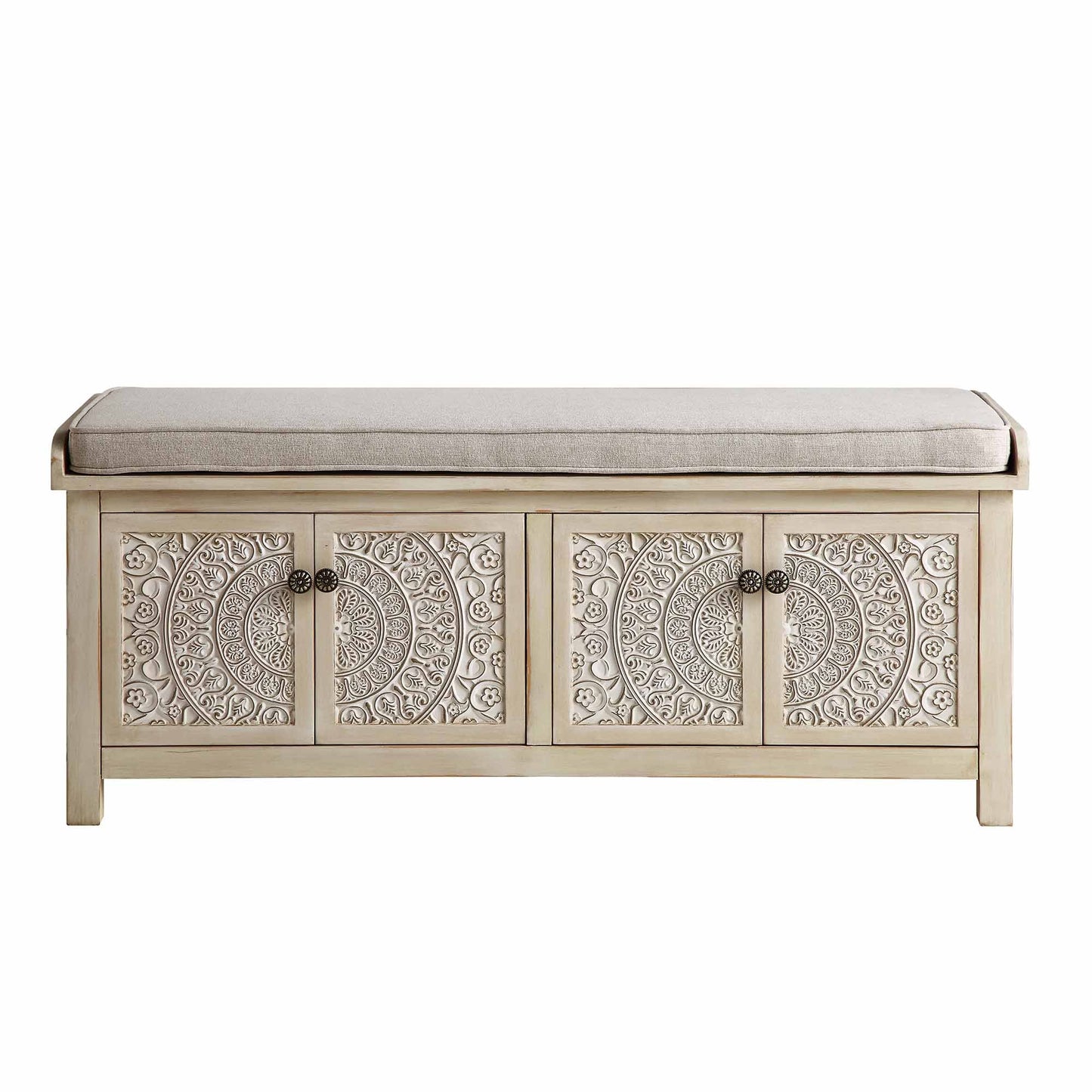 Banc de rangement sculpté blanchi à la chaux de Chantilly