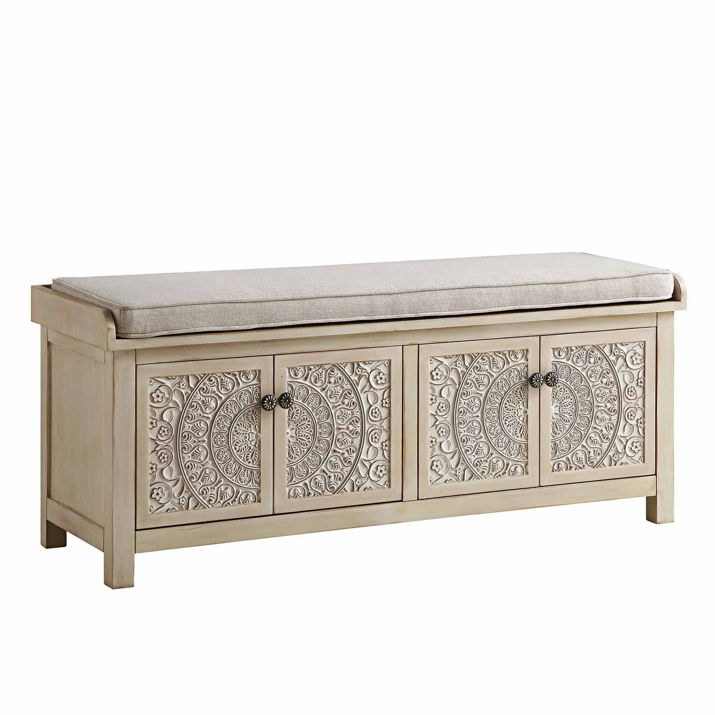 Banc de rangement sculpté blanchi à la chaux de Chantilly