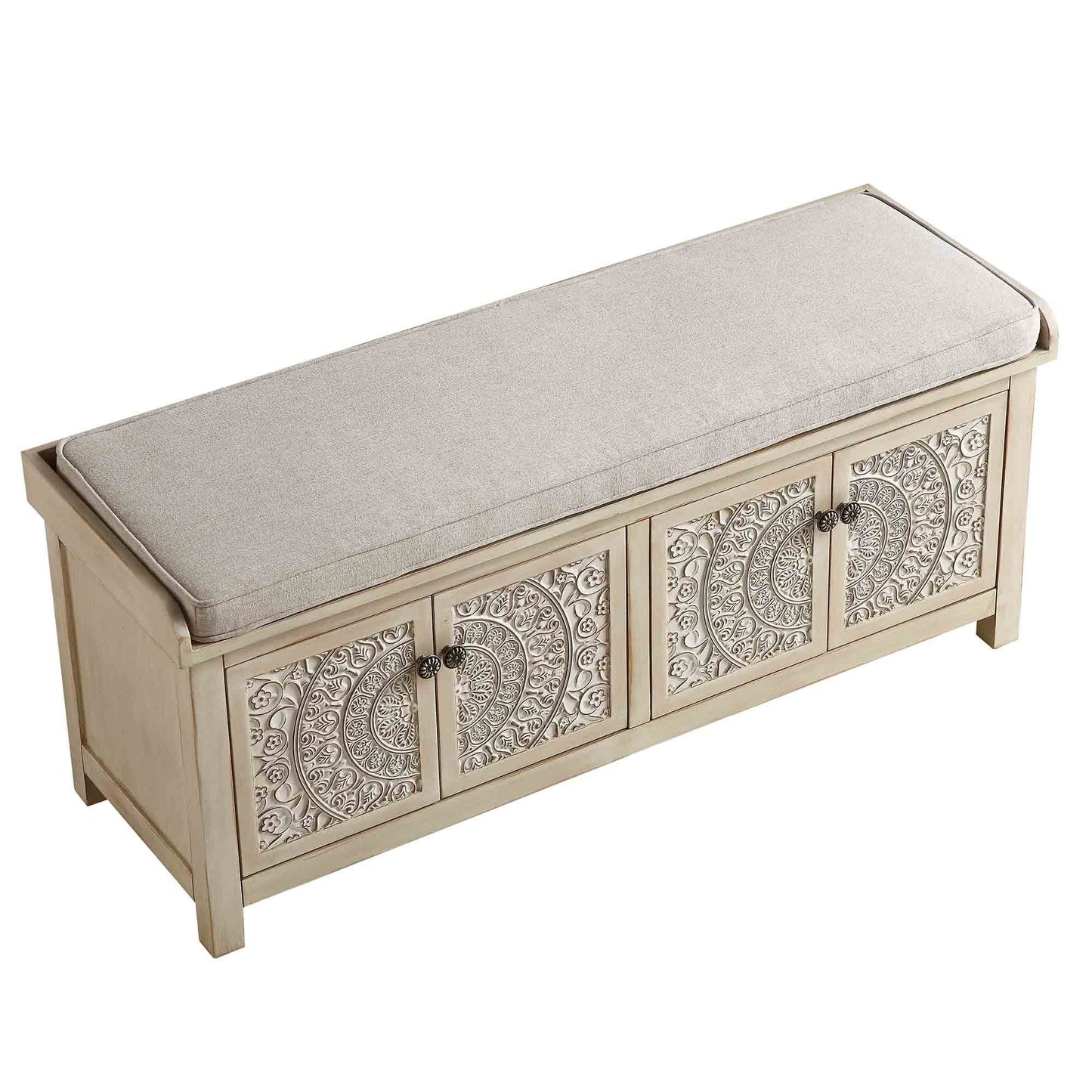 Banc de rangement sculpté blanchi à la chaux de Chantilly