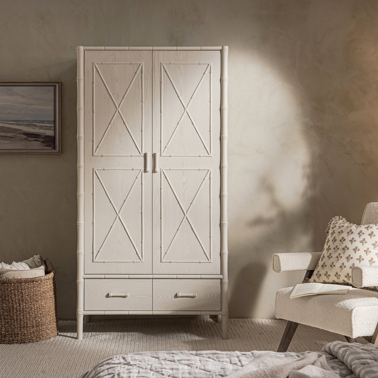 Placard double Elstowe en imitation bambou, blanc ombré