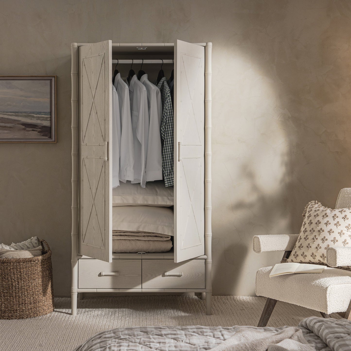 Placard double Elstowe en imitation bambou, blanc ombré