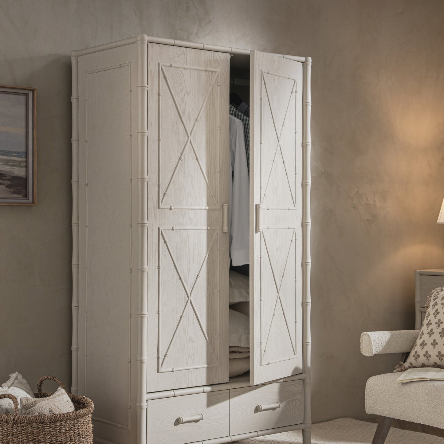 Placard double Elstowe en imitation bambou, blanc ombré