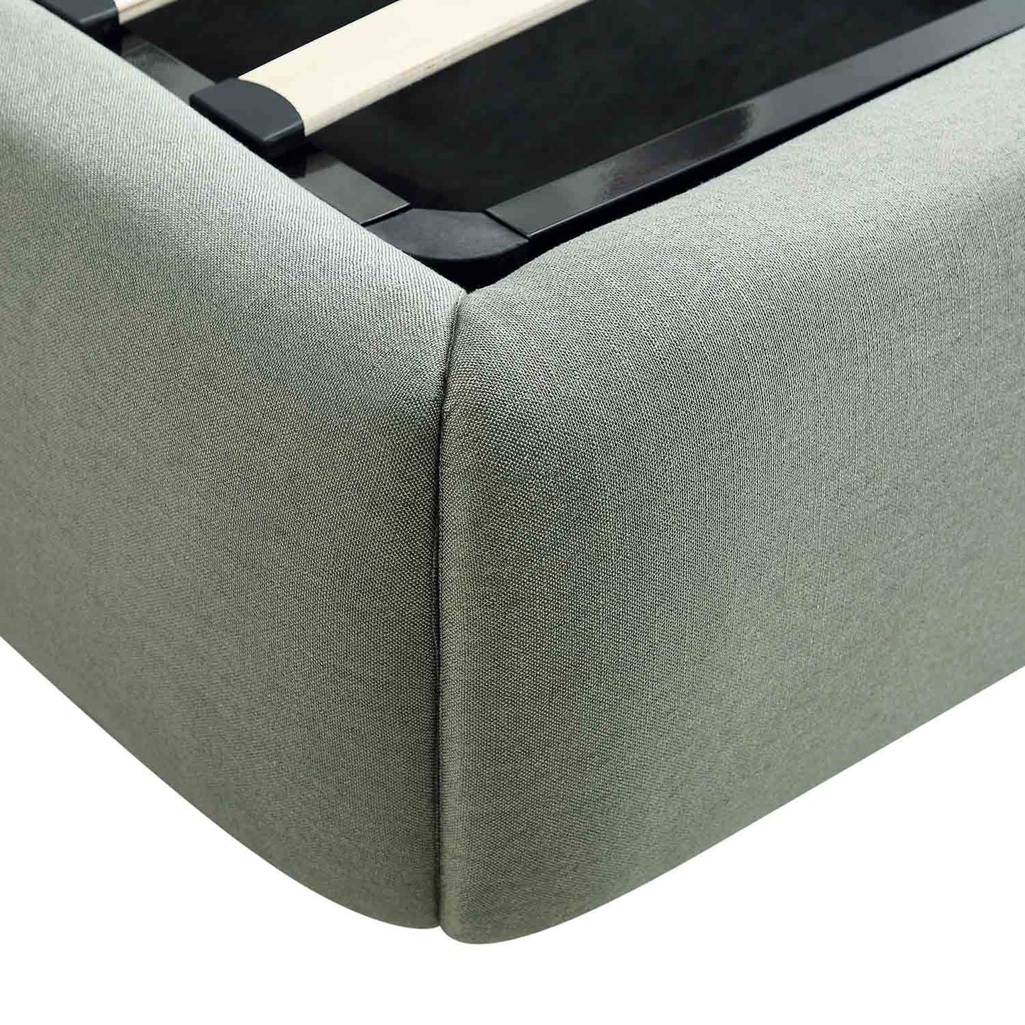 Lit ottoman de rangement Constance avec tête de lit ailée, lin olive