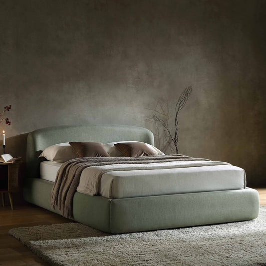 Lit ottoman de rangement Constance avec tête de lit ailée, lin olive
