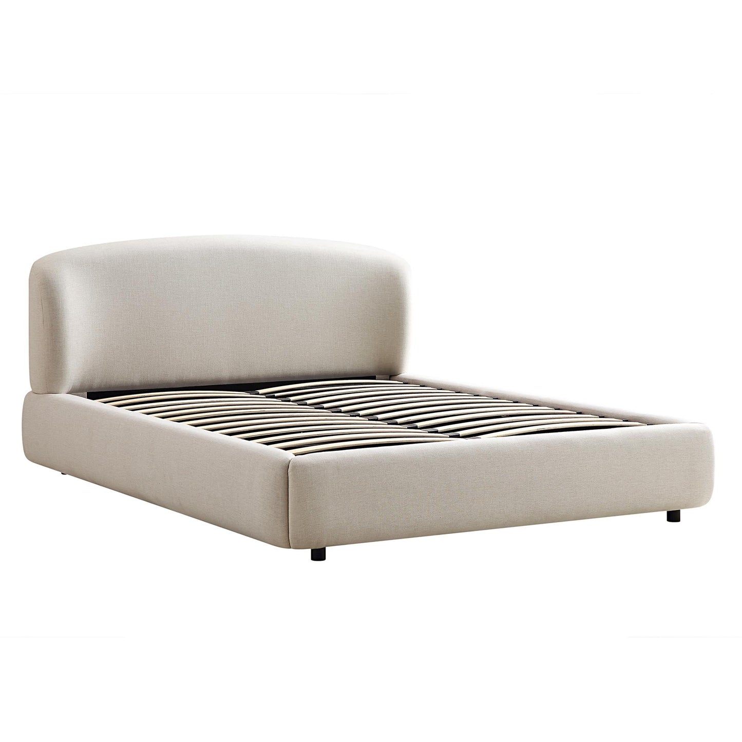 Lit ottoman de rangement Constance avec tête de lit à oreilles, lin beige