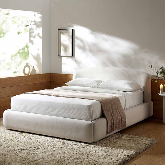 Lit ottoman de rangement Constance avec tête de lit à oreilles, lin beige