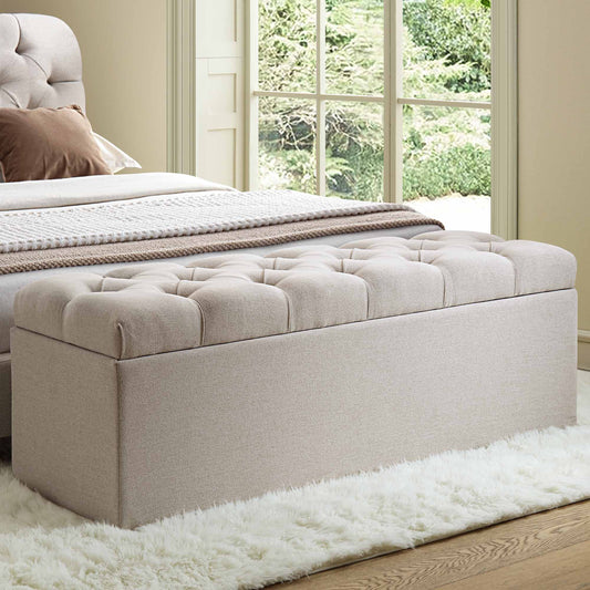 Banc de rangement ottoman à boutons profonds Leamington, tissu avoine